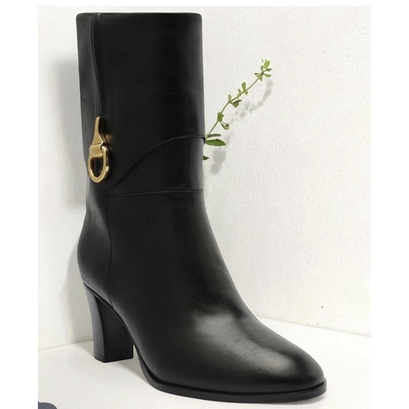 Arezzo Women's Black Leather Vivian Mid Block Rounded Toe Equestrian Size 10B